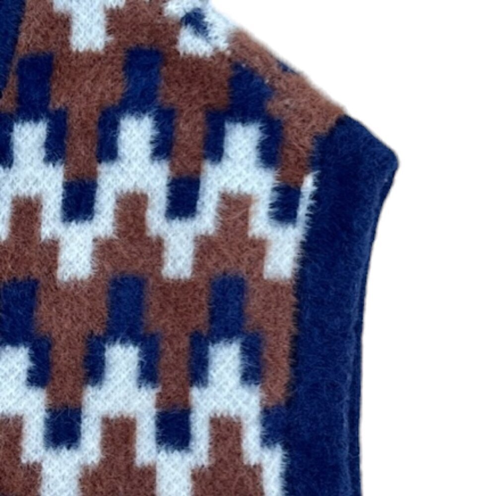 KENDALL + KYLIE Knitted Soft Fluffy Oversized V-Neck VEST Blue Brown White Med - Picture 4 of 10